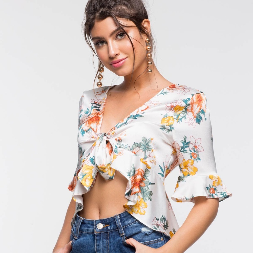 NEW White Floral Satin Wrap Self Tie Front Top